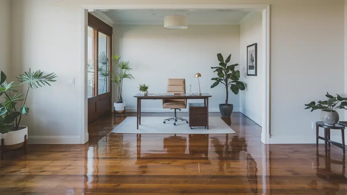 Minimalist home office in California with polished SPC flooring, crafted by expert California flooring companies, paired with a desk and ergonomic seating