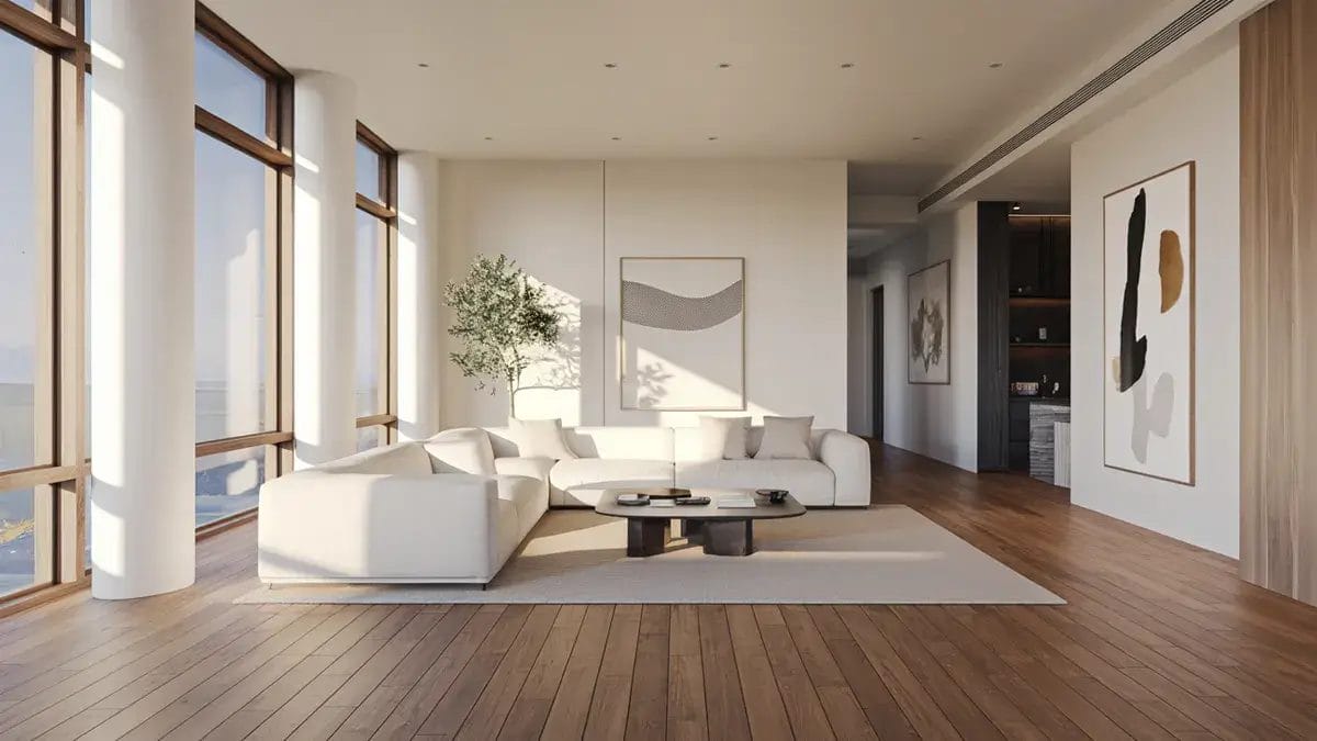 Modern California living room with Engineered Wood floors, large windows letting in natural light, and minimalistic furniture, installed by the best California flooring company